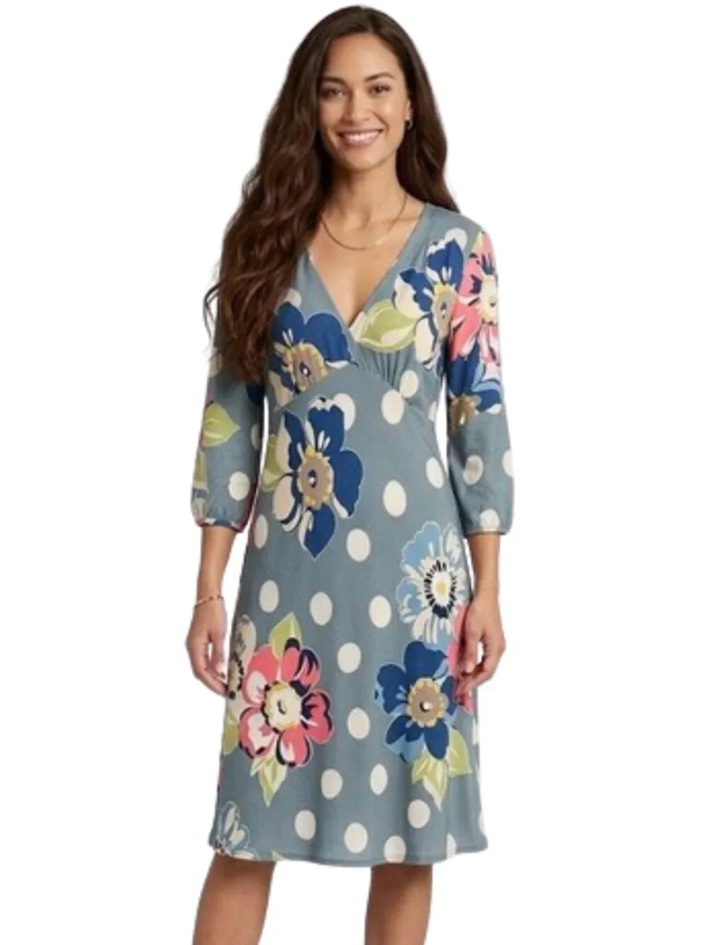 Boden Blue-Gray Dress Mixed Print Floral Empire Waist Midi 3/4 Sleeve V-Neck, 6 - Picture 1 of 13